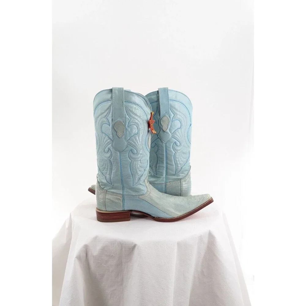 NWT Los Altos Sz 9 EE Rare Pale Blue Cowboy Boots Python? Embroidered Ranch West